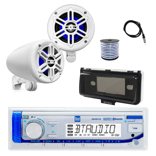 Dual MXD13 Single DIN Bluetooth Marine MP3 AM/FM Stereo Receiver with White Cover, 22" Radio Antenna, Wire, 2x 4" 150 Watt Max 2-Way Waterproof Off-Road Audio Speakers (White)