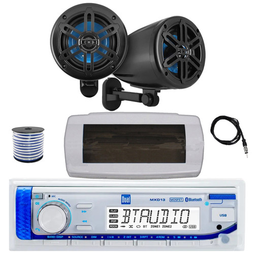 Dual MXD13 Single DIN Bluetooth Marine MP3 AM/FM Stereo Receiver with White Cover, 22" Radio Antenna, Wire, 2x 5.25" 180 Watt Max 2-Way Waterproof Off-Road Audio Speakers (Black)