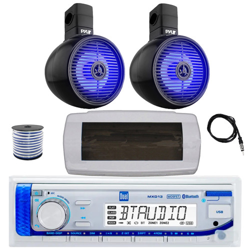 Dual MXD13 Single DIN Bluetooth Marine MP3 AM/FM Stereo Receiver with White Cover, 22" Radio Antenna, Wire, 2x 8" 300W Max 2-Way Full Range Wakeboard Built-in-LED Single Audio Speakers (Black)