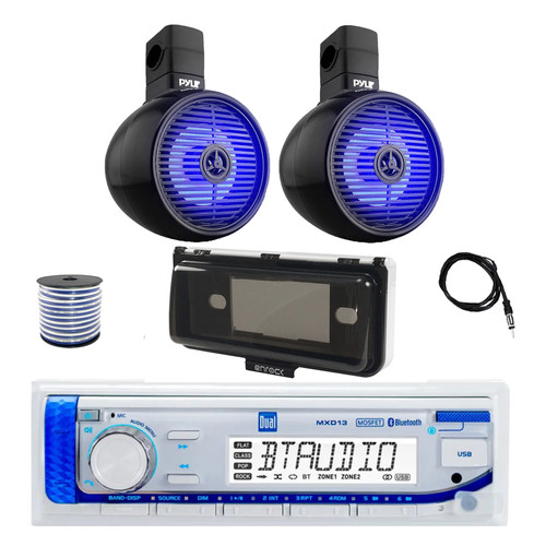 Dual MXD13 Single DIN Bluetooth Marine MP3 AM/FM Stereo Receiver with White Cover, 22" Radio Antenna, Wire, 2x 8" 300W Max 2-Way Full Range Wakeboard Built-in-LED Single Audio Speakers (Black)