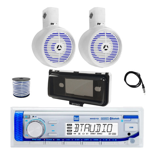 Dual MXD13 Single DIN Bluetooth Marine MP3 AM/FM Stereo Receiver with White Cover, 22" Radio Antenna, Wire, 2x 8" 300W Max 2-Way Full Range Wakeboard Built-in-LED Single Audio Speakers (White)