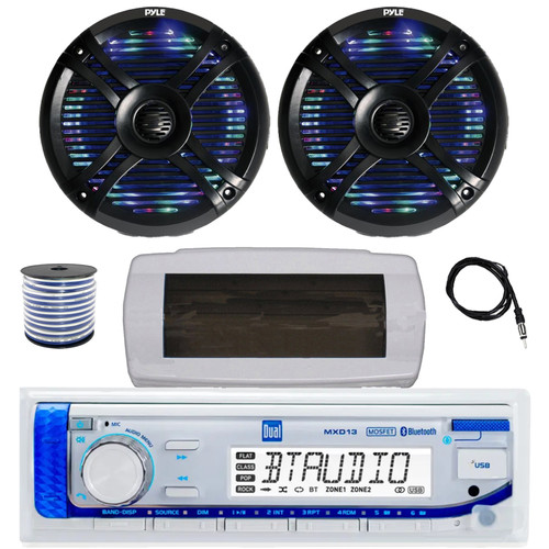 Dual MXD13 Single DIN Bluetooth Marine MP3 AM/FM Stereo Receiver with White Cover, 22" Radio Antenna, Wire, 2x 6.5" 250 Watt Max 2-Way Waterproof Multicolor LED Audio Speakers (Black)