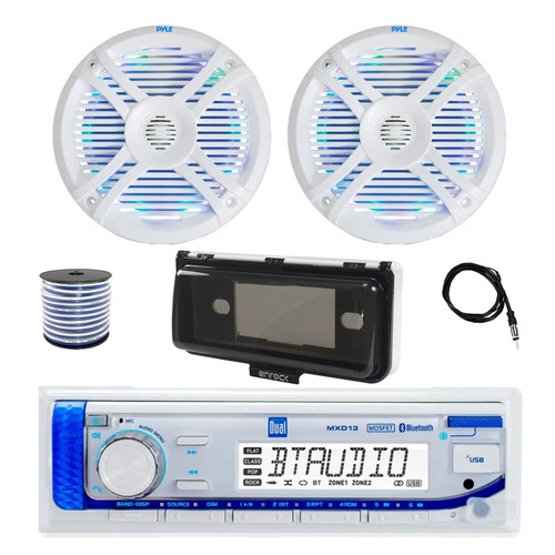 Dual MXD13 Single DIN Bluetooth Marine MP3 AM/FM Stereo Receiver with White Cover, 22" Radio Antenna, Wire, 2x 6.5" 250 Watt Max 2-Way Waterproof Multicolor LED Audio Speakers (White)