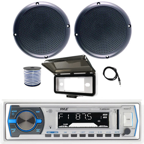 Pyle PLMRB29W Single-DIN Marine Bluetooth USB/AUX MP3 Player AM/FM Radio In-Dash White Stereo Receiver W/White Cover, 2x 5.25" 20W Peak Polyclone Black Boat Audio Speakers, Radio Antenna, Speaker Wire