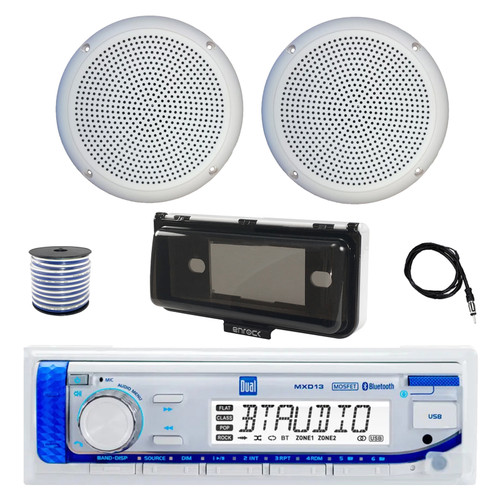 Dual MXD13 Single DIN Bluetooth Marine MP3 AM/FM Stereo Receiver with White Cover, 22" Radio Antenna, Wire, 2x 5.25" 20 Watt Max Polycone Audio Speakers (White, Bulk Packaging)