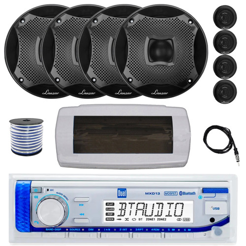 Dual MXD13 Single DIN Bluetooth Marine MP3 AM/FM Stereo Receiver with White Cover, 22" Radio Antenna, Wire, 4x 6.5" 450 Watt Peak 2-Way Water Resistant Boat Audio Speakers (Black)