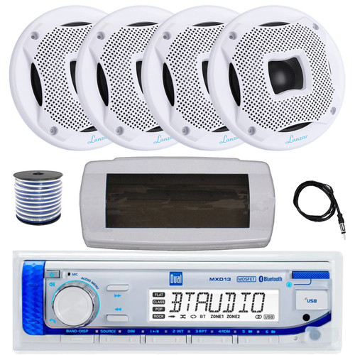 Dual MXD13 Single DIN Bluetooth Marine MP3 AM/FM Stereo Receiver with White Cover, 22" Radio Antenna, Wire, 4x 6.5" 450 Watt Peak 2-Way Water Resistant Boat Audio Speakers (White)
