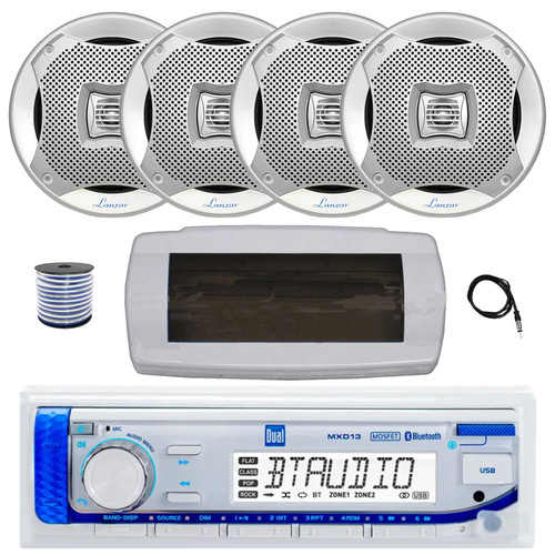 Dual MXD13 Single DIN Bluetooth Marine MP3 AM/FM Stereo Receiver with White Cover, 22" Radio Antenna, Wire, 4x 6.5" 400W Max 2-Way Water Resistant Audio Speakers (Silver)