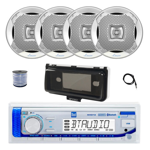 Dual MXD13 Single DIN Bluetooth Marine MP3 AM/FM Stereo Receiver with White Cover, 22" Radio Antenna, Wire, 4x 6.5" 400W Max 2-Way Water Resistant Audio Speakers (Silver)