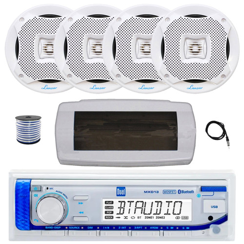 Dual MXD13 Single DIN Bluetooth Marine MP3 AM/FM Stereo Receiver with White Cover, 22" Radio Antenna, Wire, 4x 6.5" 400W Max 2-Way Water Resistant Audio Speakers (White)