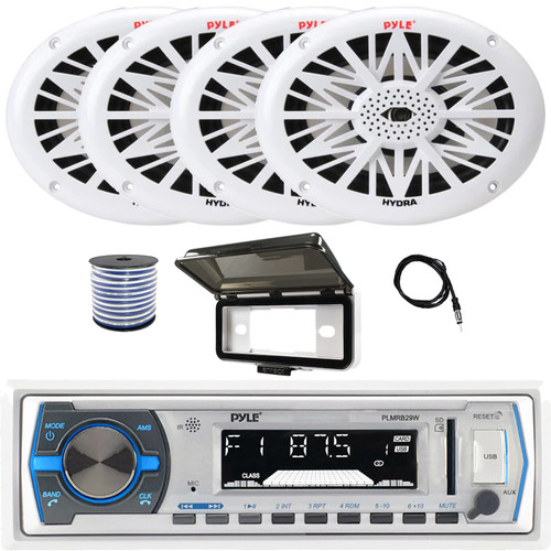Pyle PLMRB29W Single-DIN Marine Bluetooth USB/AUX MP3 Player AM/FM Radio In-Dash White Stereo Receiver W/White Cover, 4x 6x9" 260W Max 2-Way Full-Range White Boat Speakers, Radio Antenna, Speaker Wire
