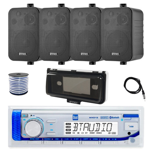 Dual MXD13 Single DIN Bluetooth Marine MP3 AM/FM Stereo Receiver with White Cover, 22" Radio Antenna, Wire, 4x 4" 30 Watt Peak Water-Resistant 3-Way InDoor/OutDoor Audio Speakers (Black)