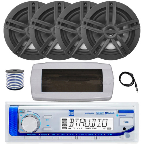 Dual MXD13 Single DIN Bluetooth Marine MP3 AM/FM Stereo Receiver with White Cover, 22" Radio Antenna, Wire, 4x 6.5" 180 Watt Max Power 2-Way Water Resistant Audio Speakers (Black)
