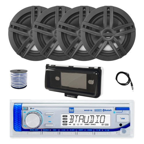 Dual MXD13 Single DIN Bluetooth Marine MP3 AM/FM Stereo Receiver with White Cover, 22" Radio Antenna, Wire, 4x 6.5" 180 Watt Max Power 2-Way Water Resistant Audio Speakers (Black)