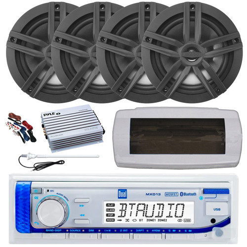 Dual MXD13 Single DIN Bluetooth Marine MP3 AM/FM Stereo Receiver with White Cover, Long Range Antenna, Amplifier w/Kit, 4x 6.5" 180 Watt Max Power 2-Way Water Resistant Audio Speakers (Black)