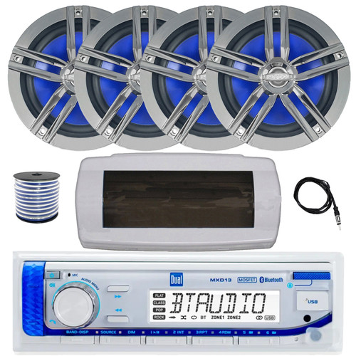 Dual MXD13 Single DIN Bluetooth Marine MP3 AM/FM Stereo Receiver with White Cover, 22" Radio Antenna, Wire, 4x 6.5" 180 Watt Max Power 2-Way Water Resistant Audio Speakers (Charcoal)