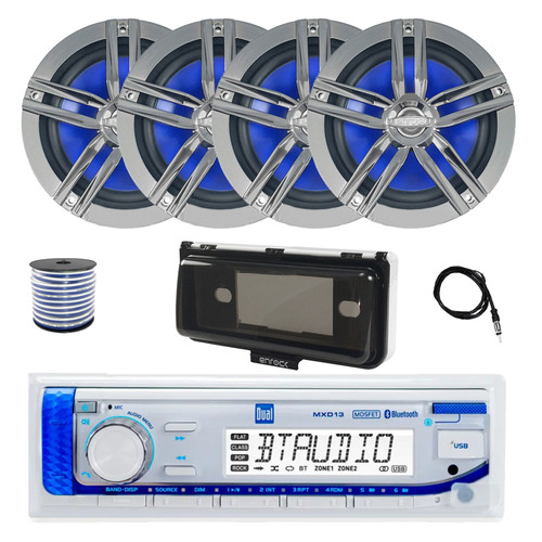 Dual MXD13 Single DIN Bluetooth Marine MP3 AM/FM Stereo Receiver with White Cover, 22" Radio Antenna, Wire, 4x 6.5" 180 Watt Max Power 2-Way Water Resistant Audio Speakers (Charcoal)