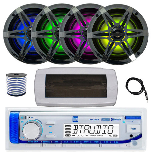 Dual MXD13 Single DIN Bluetooth Marine MP3 AM/FM Stereo Receiver with White Cover, 22" Radio Antenna, Wire, 4x 6.5" 120 Watt Peak Multicolor LED Boat Audio Speakers w/Chrome Grilles (Black)