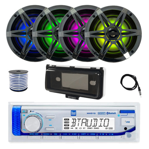 Dual MXD13 Single DIN Bluetooth Marine MP3 AM/FM Stereo Receiver with White Cover, 22" Radio Antenna, Wire, 4x 6.5" 120 Watt Peak Multicolor LED Boat Audio Speakers w/Chrome Grilles (Black)