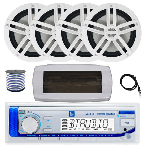 Dual MXD13 Single DIN Bluetooth Marine MP3 AM/FM Stereo Receiver with White Cover, 22" Radio Antenna, Wire, 4x 6.5" 180 Watt Peak Power 2-Way Boat Audio Speakers (White)
