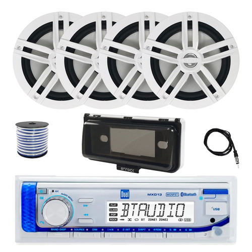 Dual MXD13 Single DIN Bluetooth Marine MP3 AM/FM Stereo Receiver with White Cover, 22" Radio Antenna, Wire, 4x 6.5" 180 Watt Peak Power 2-Way Boat Audio Speakers (White)