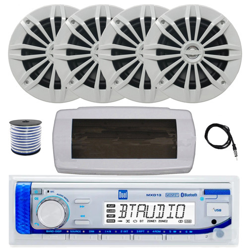 Dual MXD13 Single DIN Bluetooth Marine MP3 AM/FM Stereo Receiver with White Cover, 22" Radio Antenna, Wire, 4x 6.5" 180 Watt Max Power 2-Way Water Resistant Audio Speakers (White)