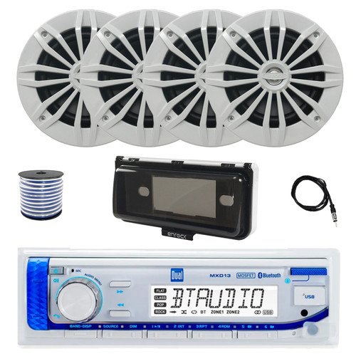 Dual MXD13 Single DIN Bluetooth Marine MP3 AM/FM Stereo Receiver with White Cover, 22" Radio Antenna, Wire, 4x 6.5" 180 Watt Max Power 2-Way Water Resistant Audio Speakers (White)