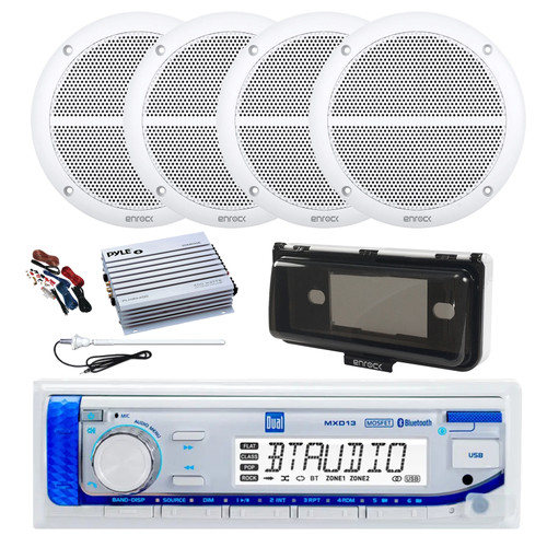 Dual MXD13 Single DIN Bluetooth Marine MP3 AM/FM Stereo Receiver with White Cover, Long Range Antenna, Amplifier w/Kit, 4x 6.5" 90 Watt Peak Power 2-Way Full Range Audio Speakers (White)