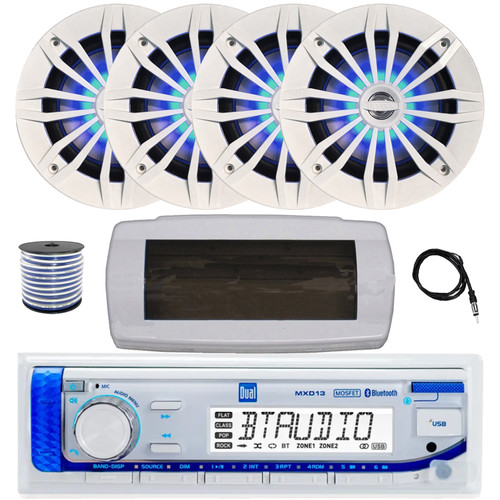 Dual MXD13 Single DIN Bluetooth Marine MP3 AM/FM Stereo Receiver with White Cover, 22" Radio Antenna, Wire, 4x 6.5" 180 Watt Peak 2-Way Blue Flashing LED Boat Audio Speakers (White)