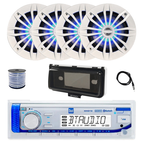 Dual MXD13 Single DIN Bluetooth Marine MP3 AM/FM Stereo Receiver with White Cover, 22" Radio Antenna, Wire, 4x 6.5" 180 Watt Peak 2-Way Blue Flashing LED Boat Audio Speakers (White)