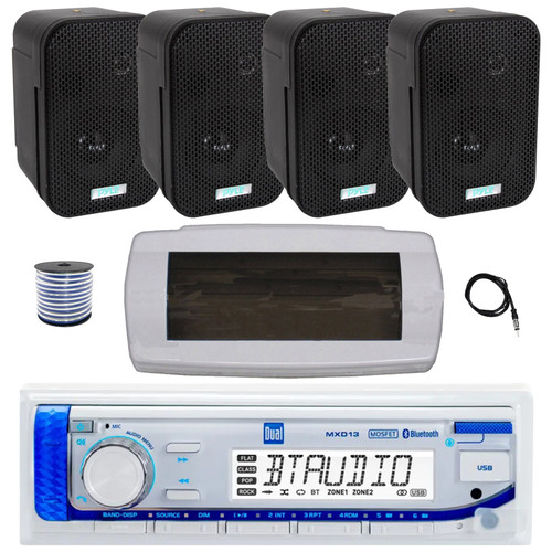 Dual MXD13 Single DIN Bluetooth Marine MP3 AM/FM Stereo Receiver with White Cover, 22" Radio Antenna, Wire, 4x 3.5" 300W Max Indoor/Outdoor Waterproof Wall Mount Speakers (Black)