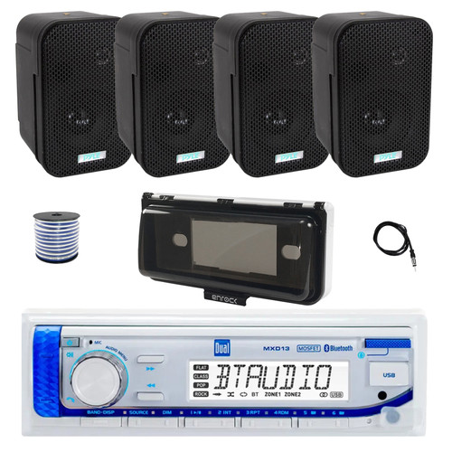 Dual MXD13 Single DIN Bluetooth Marine MP3 AM/FM Stereo Receiver with White Cover, 22" Radio Antenna, Wire, 4x 3.5" 300W Max Indoor/Outdoor Waterproof Wall Mount Speakers (Black)