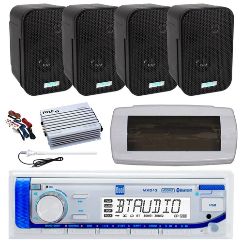 Dual MXD13 Single DIN Bluetooth Marine MP3 AM/FM Stereo Receiver with White Cover, Long Range Antenna, Amplifier w/Kit, 4x 3.5" 300W Max Indoor/Outdoor Waterproof Wall Mount Speakers (Black)