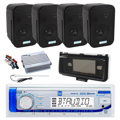 Dual MXD13 Single DIN Bluetooth Marine MP3 AM/FM Stereo Receiver with White Cover, Long Range Antenna, Amplifier w/Kit, 4x 3.5" 300W Max Indoor/Outdoor Waterproof Wall Mount Speakers (Black)