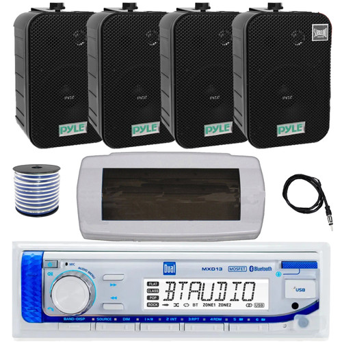 Dual MXD13 Single DIN Bluetooth Marine MP3 AM/FM Stereo Receiver with White Cover, 22" Radio Antenna, Wire, 4x 5.25" 400W Max Indoor/Outdoor Waterproof Audio Speakers (Black)
