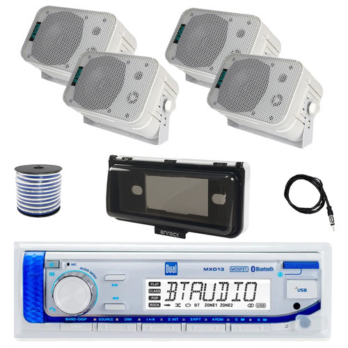 Dual MXD13 Single DIN Bluetooth Marine MP3 AM/FM Stereo Receiver with White Cover, 22" Radio Antenna, Wire, 4x 5.25" 400W Max Indoor/Outdoor Waterproof Audio Speakers (White)