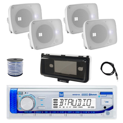 Dual MXD13 Single DIN Bluetooth Marine MP3 AM/FM Stereo Receiver with White Cover, 22" Radio Antenna, Wire, 4x 5.25" 600 Watt Max Power Bluetooth Indoor/Outdoor Waterproof Audio Speakers (White)