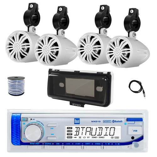 Dual MXD13 Single DIN Bluetooth Marine MP3 AM/FM Stereo Receiver with White Cover, 22" Radio Antenna, Wire, 4x 2.25" 10W Max Full Range Waterproof Off-Road Audio Speakers (White)