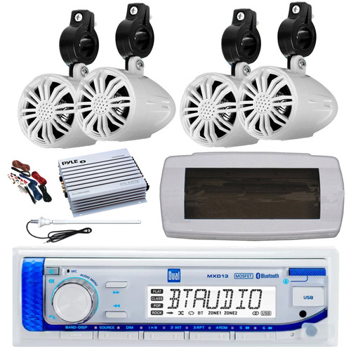 Dual MXD13 Single DIN Bluetooth Marine MP3 AM/FM Stereo Receiver with White Cover, Long Range Antenna, Amplifier w/Kit, 4x 2.25" 10W Max Full Range Waterproof Off-Road Audio Speakers (White)