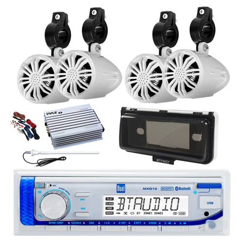 Dual MXD13 Single DIN Bluetooth Marine MP3 AM/FM Stereo Receiver with White Cover, Long Range Antenna, Amplifier w/Kit, 4x 2.25" 10W Max Full Range Waterproof Off-Road Audio Speakers (White)