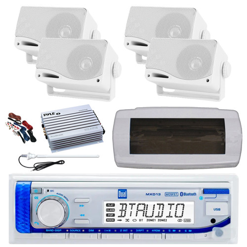 Dual MXD13 Single DIN Bluetooth Marine MP3 AM/FM Stereo Receiver with White Cover, Long Range Antenna, Amplifier w/Kit, 4x 3.5'' 200 Watt Max 3-Way Indoor/Outdoor Wall Mount Speaker (White)