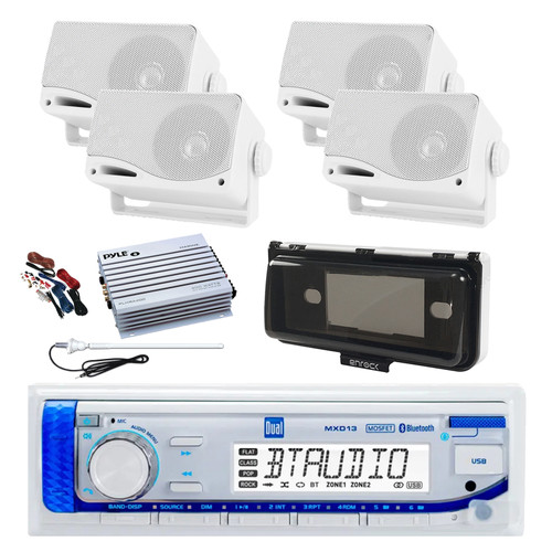 Dual MXD13 Single DIN Bluetooth Marine MP3 AM/FM Stereo Receiver with White Cover, Long Range Antenna, Amplifier w/Kit, 4x 3.5'' 200 Watt Max 3-Way Indoor/Outdoor Wall Mount Speaker (White)