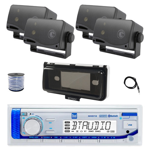Dual MXD13 Single DIN Bluetooth Marine MP3 AM/FM Stereo Receiver with White Cover, 22" Radio Antenna, Wire, 4x 3.5'' 200 Watt Max 3-Way Indoor/Outdoor Wall Mount Speaker (Black)