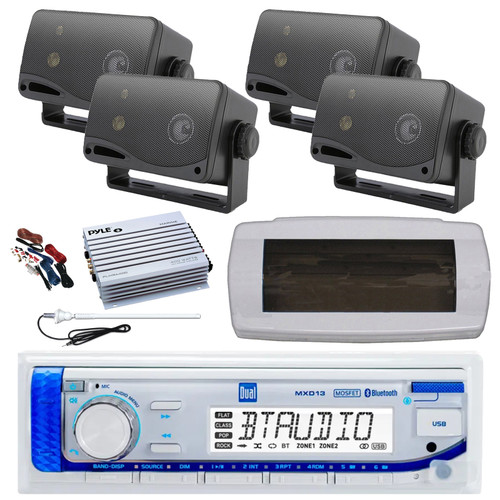 Dual MXD13 Single DIN Bluetooth Marine MP3 AM/FM Stereo Receiver with White Cover, Long Range Antenna, Amplifier w/Kit, 4x 3.5'' 200 Watt Max 3-Way Indoor/Outdoor Wall Mount Speaker (Black)