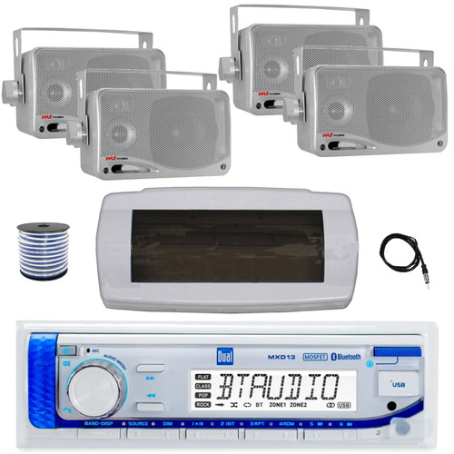 Dual MXD13 Single DIN Bluetooth Marine MP3 AM/FM Stereo Receiver with White Cover, 22" Radio Antenna, Wire, 4x 3.5'' 200 Watt Max 3-Way Indoor/Outdoor Wall Mount Speaker (Silver)