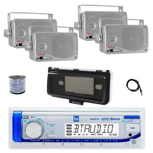 Dual MXD13 Single DIN Bluetooth Marine MP3 AM/FM Stereo Receiver with White Cover, 22" Radio Antenna, Wire, 4x 3.5'' 200 Watt Max 3-Way Indoor/Outdoor Wall Mount Speaker (Silver)