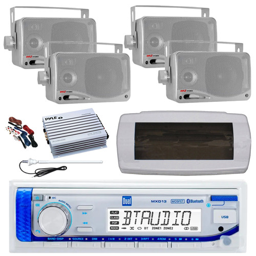 Dual MXD13 Single DIN Bluetooth Marine MP3 AM/FM Stereo Receiver with White Cover, Long Range Antenna, Amplifier w/Kit, 4x 3.5'' 200 Watt Max 3-Way Indoor/Outdoor Wall Mount Speaker (Silver)