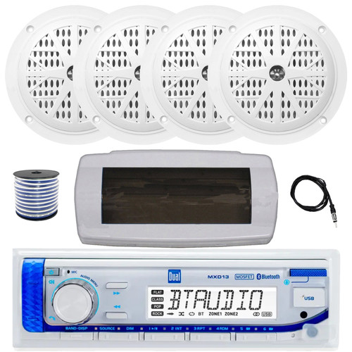 Dual MXD13 Single DIN Bluetooth Marine MP3 AM/FM Stereo Receiver with White Cover, 22" Radio Antenna, Wire, 4x 4'' 100 Watt Peak Full Range Dual Cone Waterproof Stereo Speakers (White)