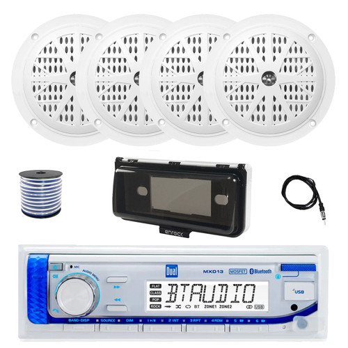 Dual MXD13 Single DIN Bluetooth Marine MP3 AM/FM Stereo Receiver with White Cover, 22" Radio Antenna, Wire, 4x 4'' 100 Watt Peak Full Range Dual Cone Waterproof Stereo Speakers (White)