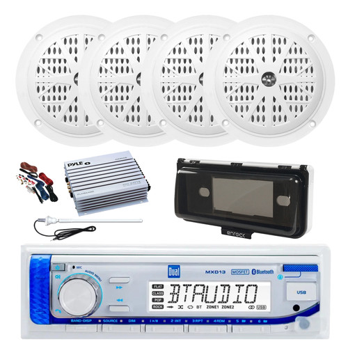 Dual MXD13 Single DIN Bluetooth Marine MP3 AM/FM Stereo Receiver with White Cover, Long Range Antenna, Amplifier w/Kit, 4x 4'' 100 Watt Peak Full Range Dual Cone Waterproof Stereo Speakers (White)